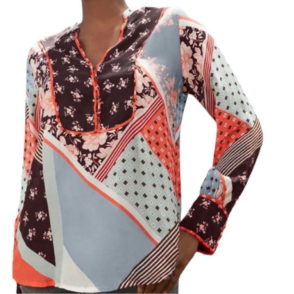 NWT Johnny Was Roslyn Toni Blouse Womens Large Multi Pattern Orange Brown Floral